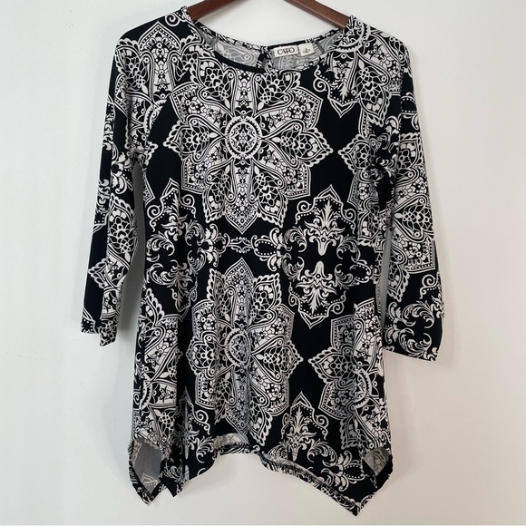 Floral Black & White‎ Blouse - Boho floral print long sleeve 3/4 sleeve sz S - Picture 1 of 6